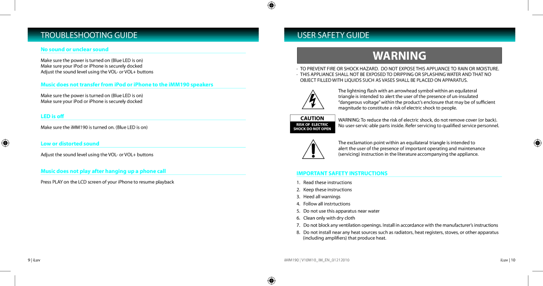 Iluv IMM190 instruction manual Troubleshooting Guide, User Safety Guide, Important Safety Instructions 