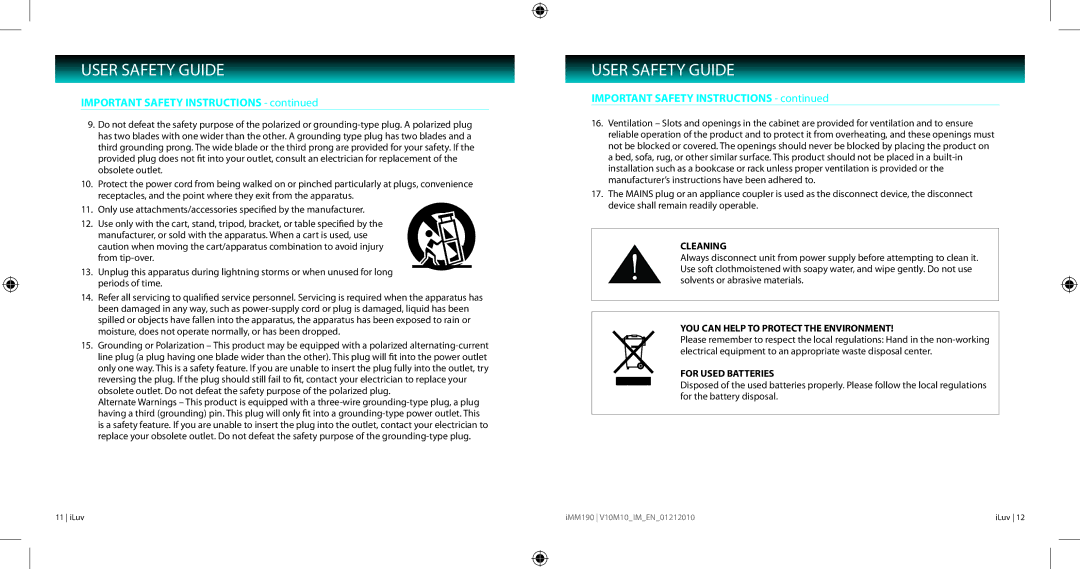 Iluv IMM190 instruction manual Important Safety Instructions, Cleaning 