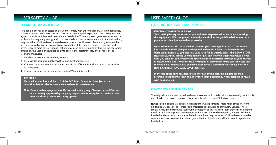 Iluv IMM190 instruction manual FCC Notice to a User in USA, IC Notice to a User in Canada 