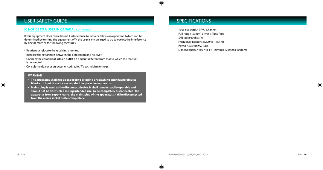 Iluv IMM190 instruction manual Specifications, IC Notice to a User in Canada 