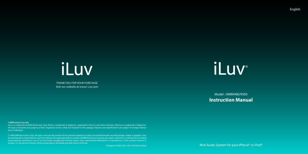 Iluv IMM9500, IMM9400 instruction manual Thank YOU for Your Purchase 