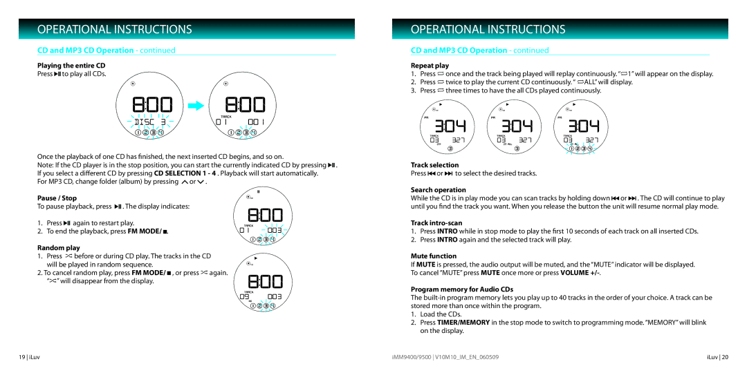 Iluv IMM9500, IMM9400 Playing the entire CD, Pause / Stop, Random play, Repeat play, Track selection, Search operation 