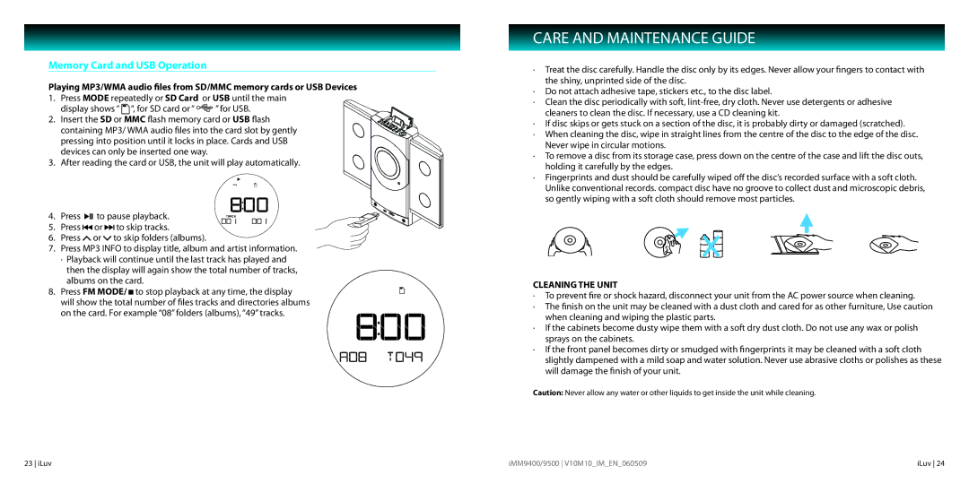 Iluv IMM9500 Care and Maintenance Guide, Memory Card and USB Operation, Press To skip folders albums, Albums on the card 