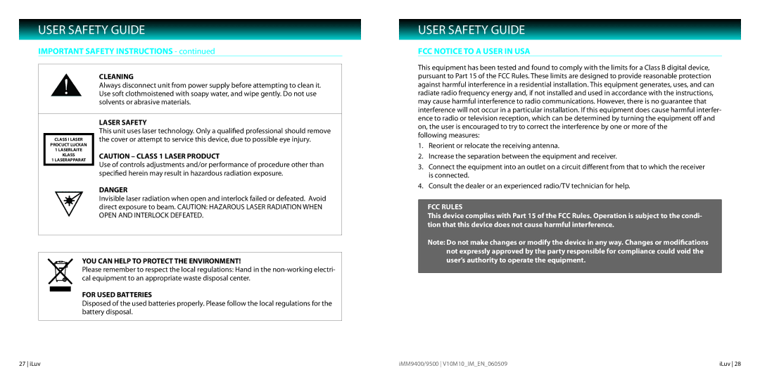 Iluv IMM9500, IMM9400 FCC Notice to a User in USA, Cleaning, Laser Safety, YOU can Help to Protect the Environment 