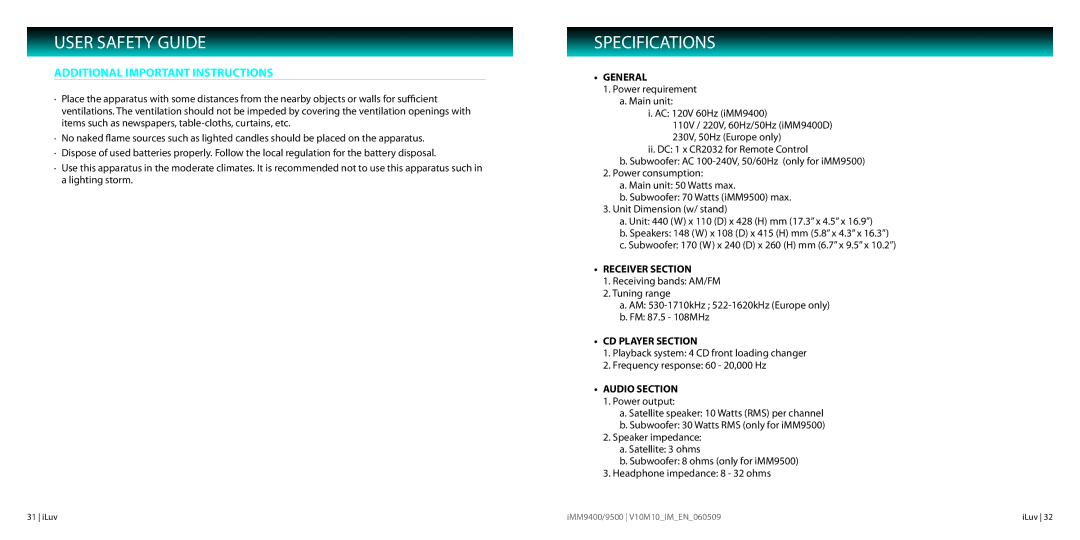 Iluv IMM9500, IMM9400 instruction manual Specifications, Additional Important Instructions 