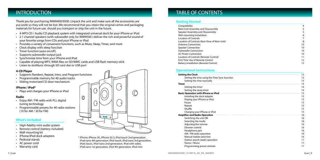 Iluv IMM9400, IMM9500 instruction manual Introduction, Table of Contents 