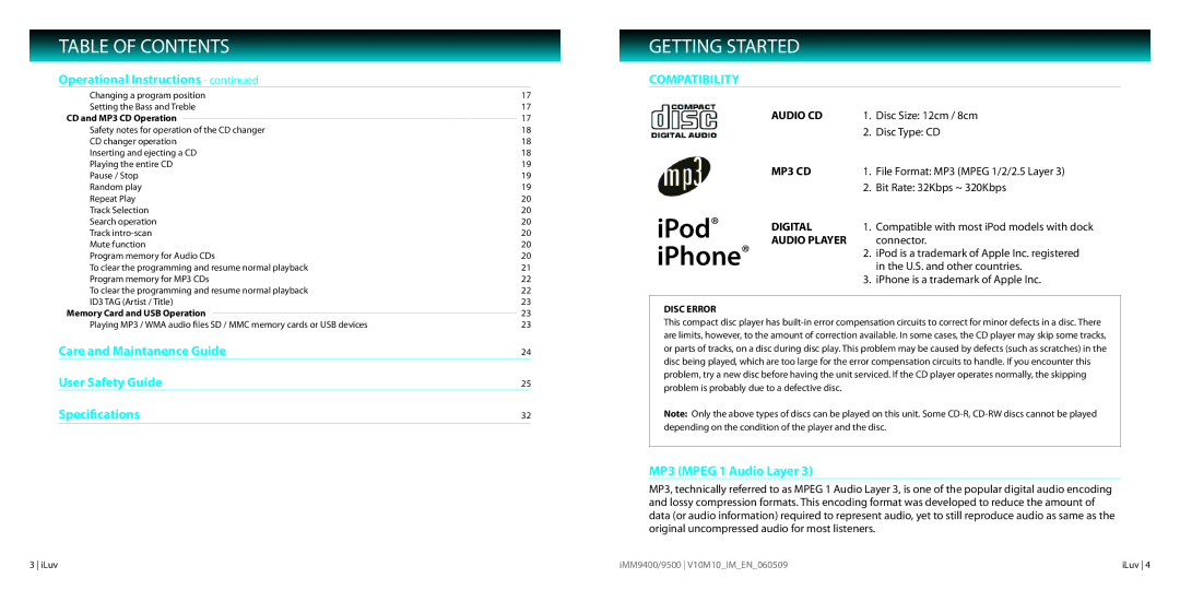 Iluv IMM9500, IMM9400 Getting Started, Care and Maintanence Guide User Safety Guide Specifications, Compatibility 