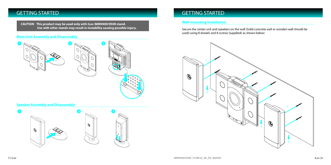 Iluv IMM9400, IMM9500 instruction manual Speaker Assembly and Disassembly, Wall-mounting Installation 