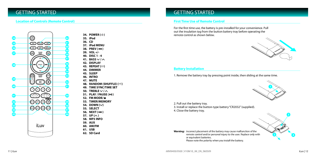 Iluv IMM9500, IMM9400 Battery Installation, Display, Dimmer Sleep Intro, Random Shuffle Time SYNC/TIME SET, Select 