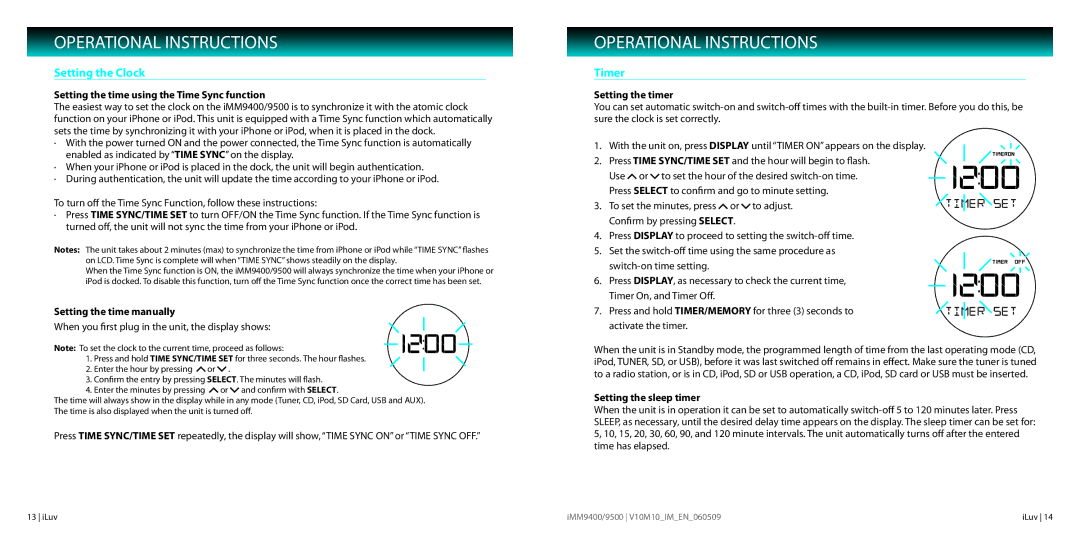 Iluv IMM9400, IMM9500 instruction manual Operational Instructions, Setting the Clock, Timer 