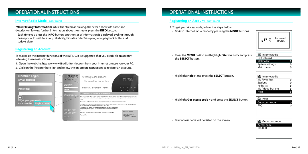 Iluv INT170 instruction manual Registering an Account, Internet radio Last listened, Help, Get access code 