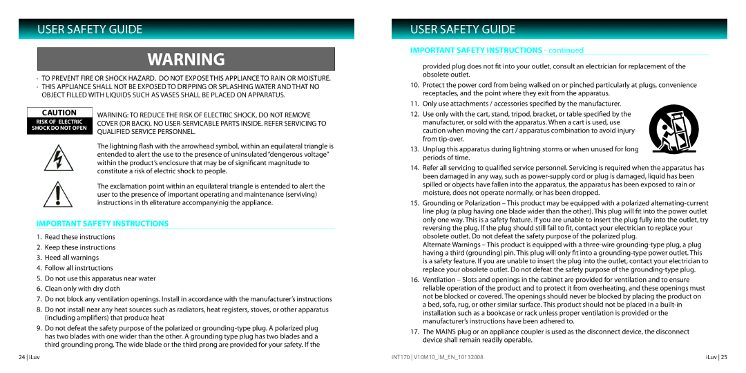 Iluv INT170 User Safety Guide, Important Safety Instructions, Moisture, does not operate normally, or has been dropped 