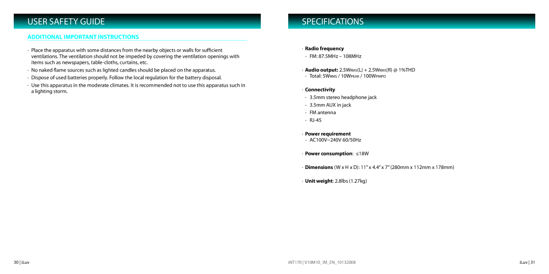 Iluv INT170 instruction manual Specifications, Additional Important Instructions 