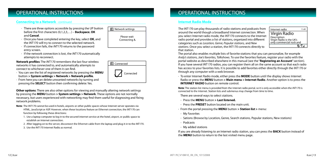 Iluv INT170 instruction manual Internet Radio Mode, Cancel, Button System settings Network Network profile 