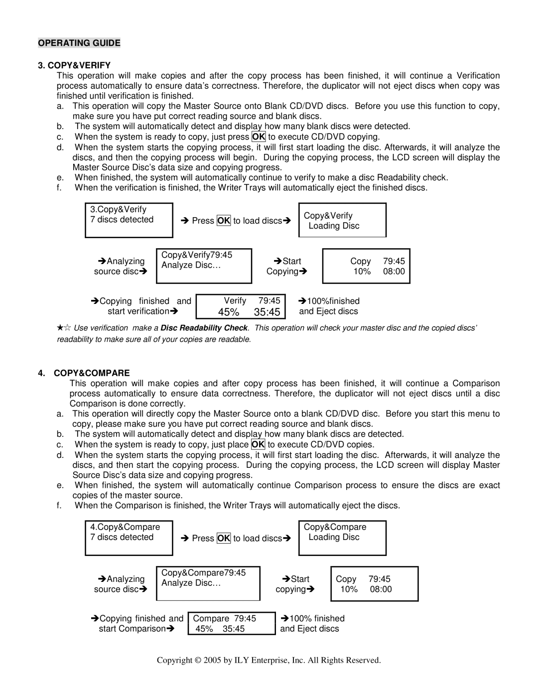 ILY Enterprise CD/DVD Duplicator user manual Operating Guide COPY&VERIFY, Copy&Compare 