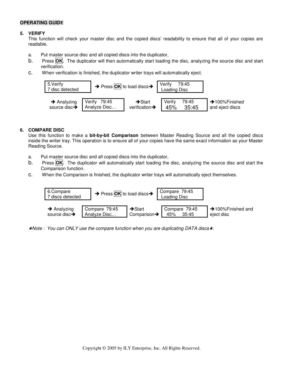 ILY Enterprise CD/DVD Duplicator user manual Operating Guide Verify, Compare Disc 