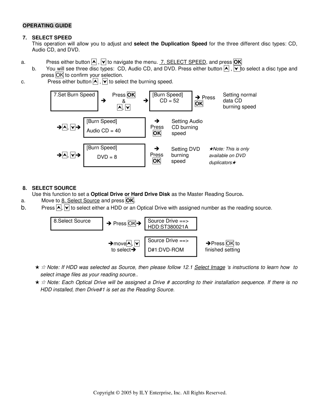 ILY Enterprise CD/DVD Duplicator user manual Operating Guide Select Speed, Select Source 