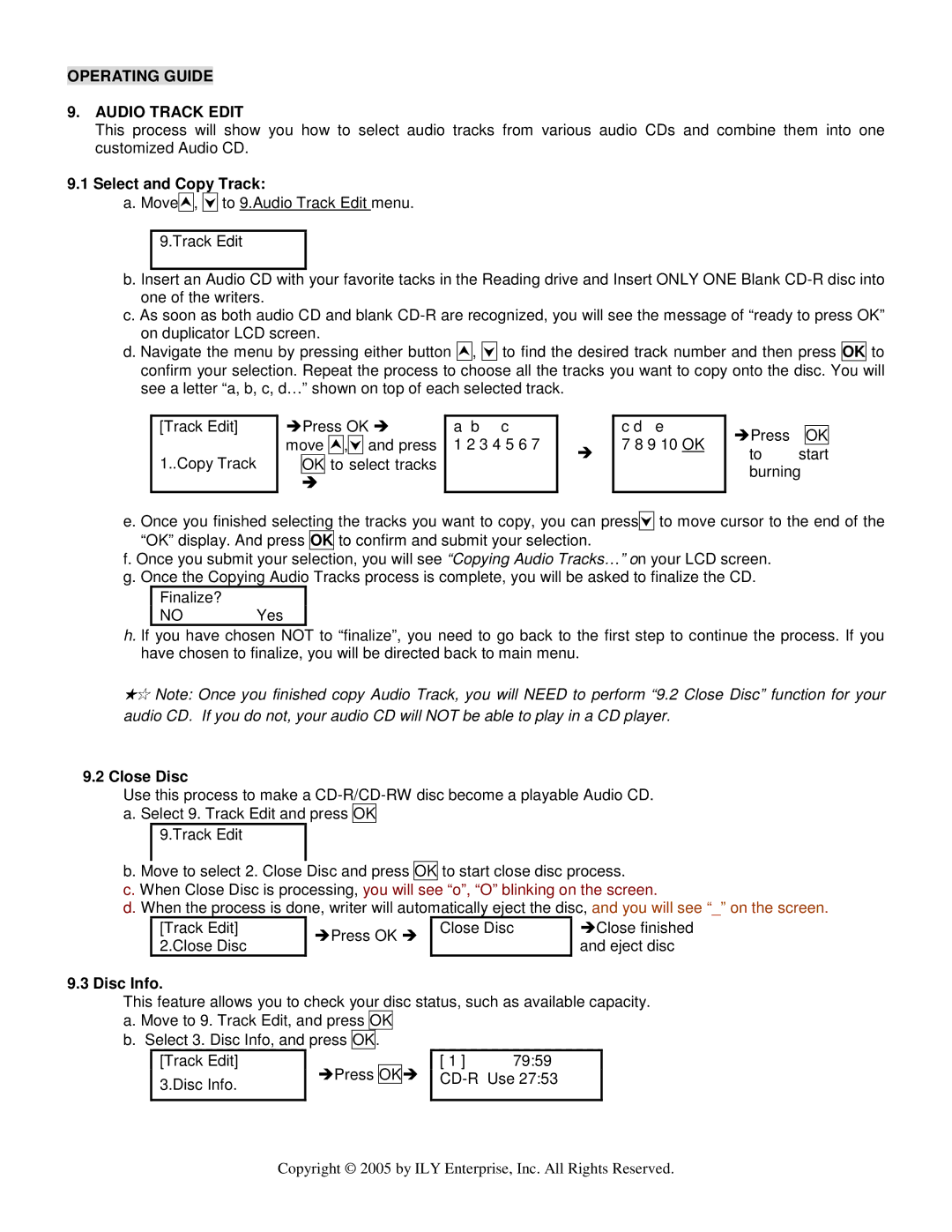 ILY Enterprise CD/DVD Duplicator user manual Operating Guide Audio Track Edit, Select and Copy Track, Close Disc, Disc Info 