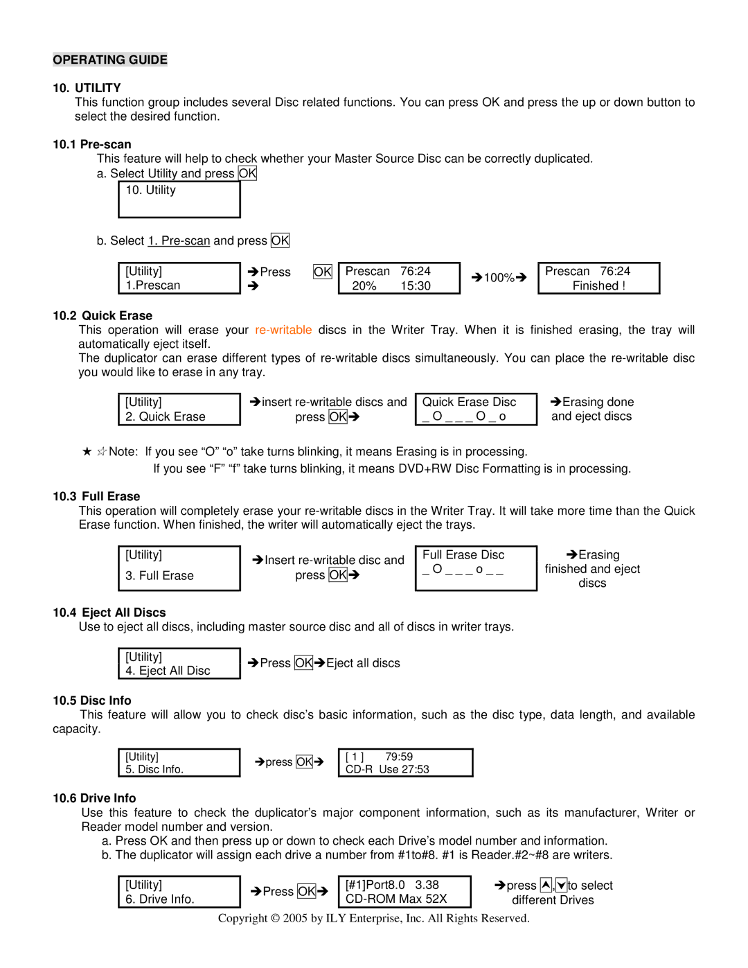 ILY Enterprise CD/DVD Duplicator user manual Operating Guide Utility, Pre-scan, Quick Erase, Eject All Discs, Drive Info 
