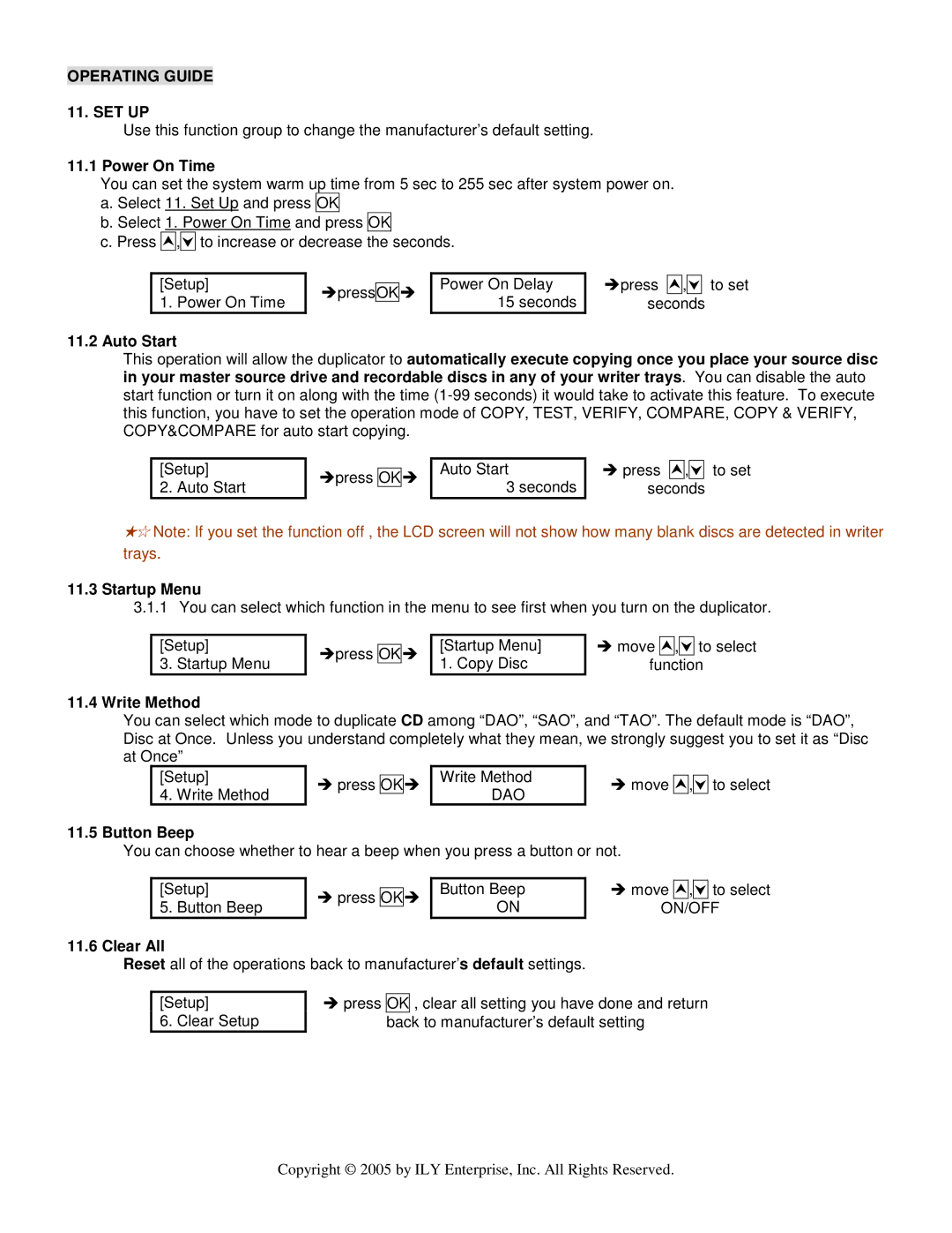 ILY Enterprise CD/DVD Duplicator user manual Set Up, Power On Time, Startup Menu, Write Method, Button Beep, Clear All 