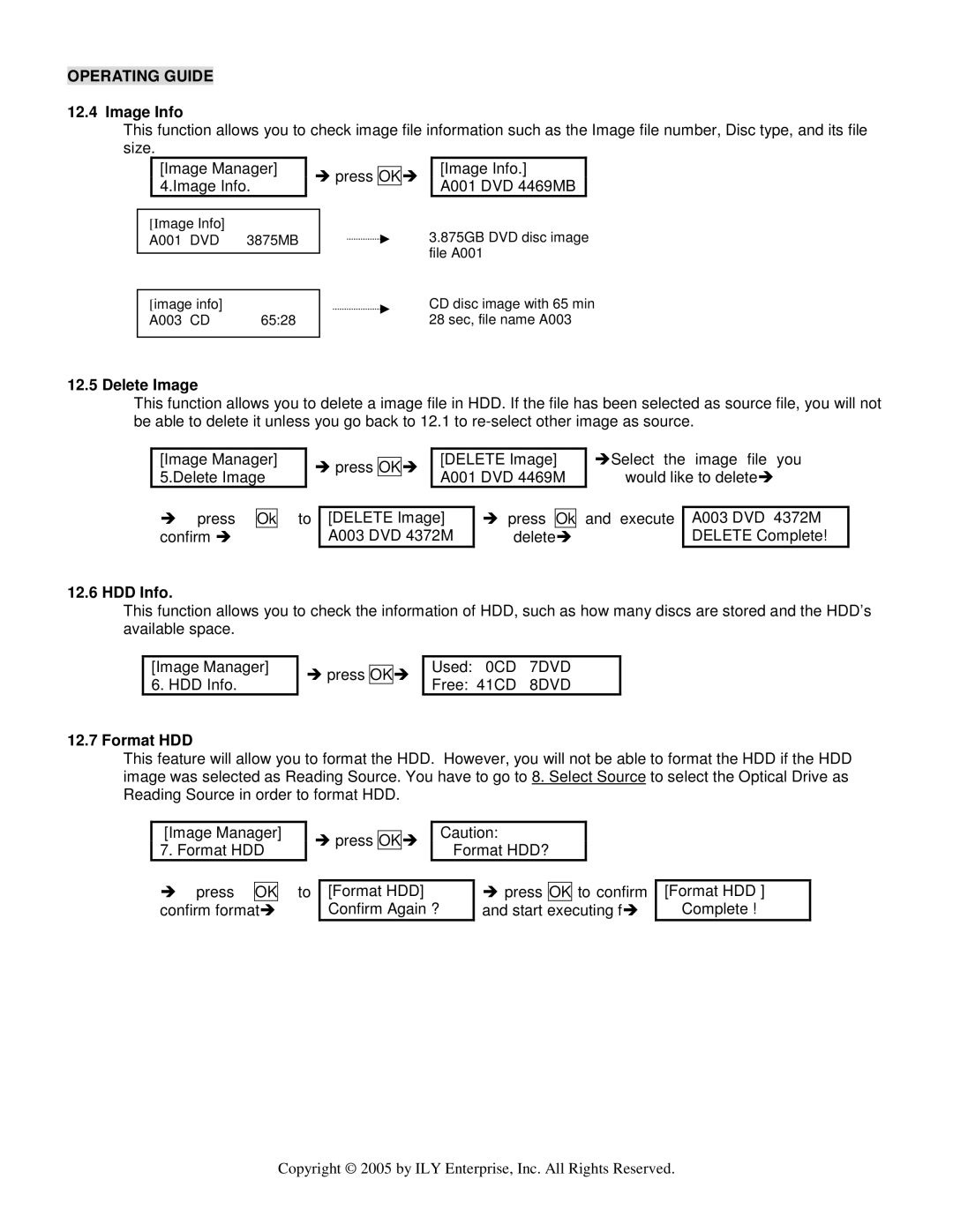 ILY Enterprise CD/DVD Duplicator user manual Image Info, Delete Image, HDD Info, Format HDD 