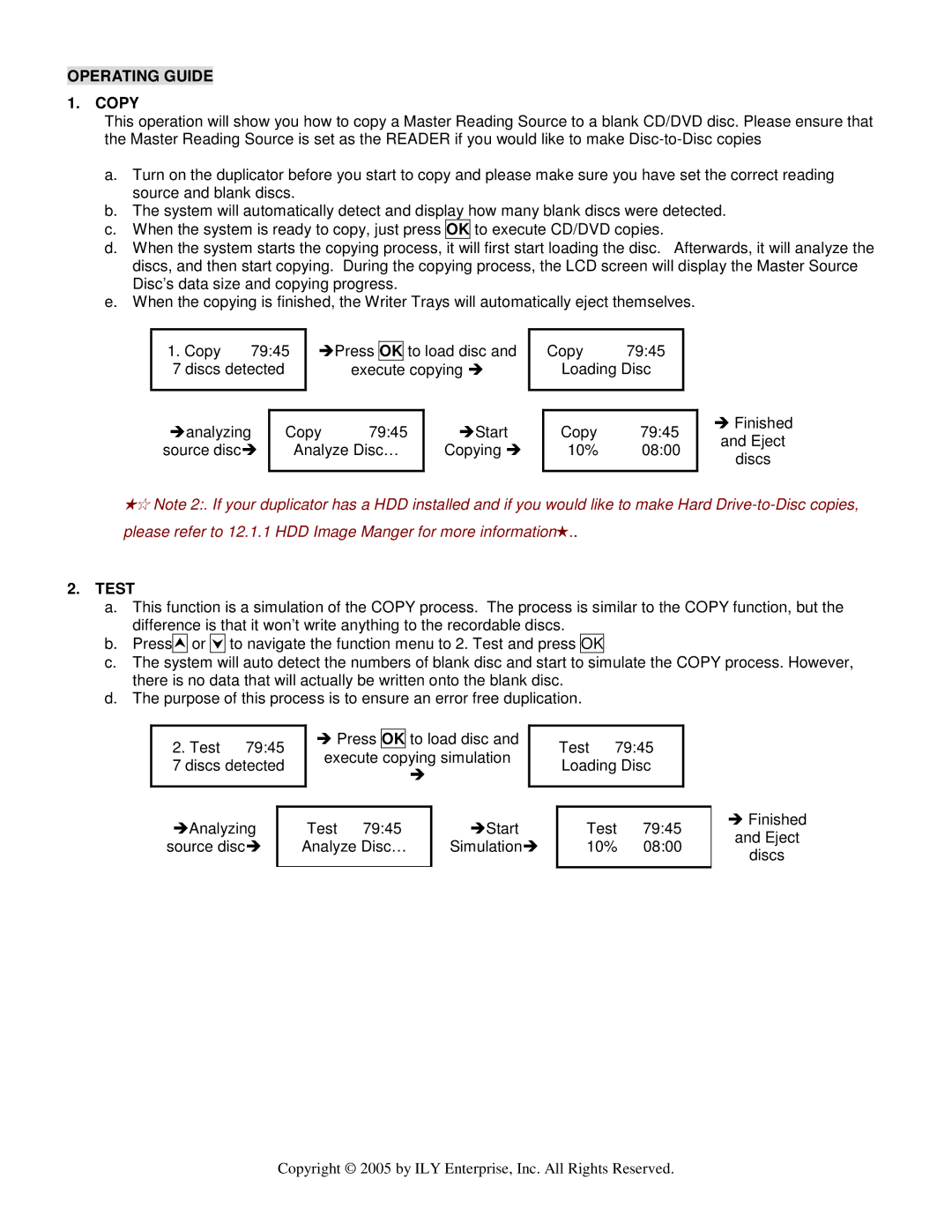 ILY Enterprise CD/DVD Duplicator user manual Operating Guide 1. Copy, Test 