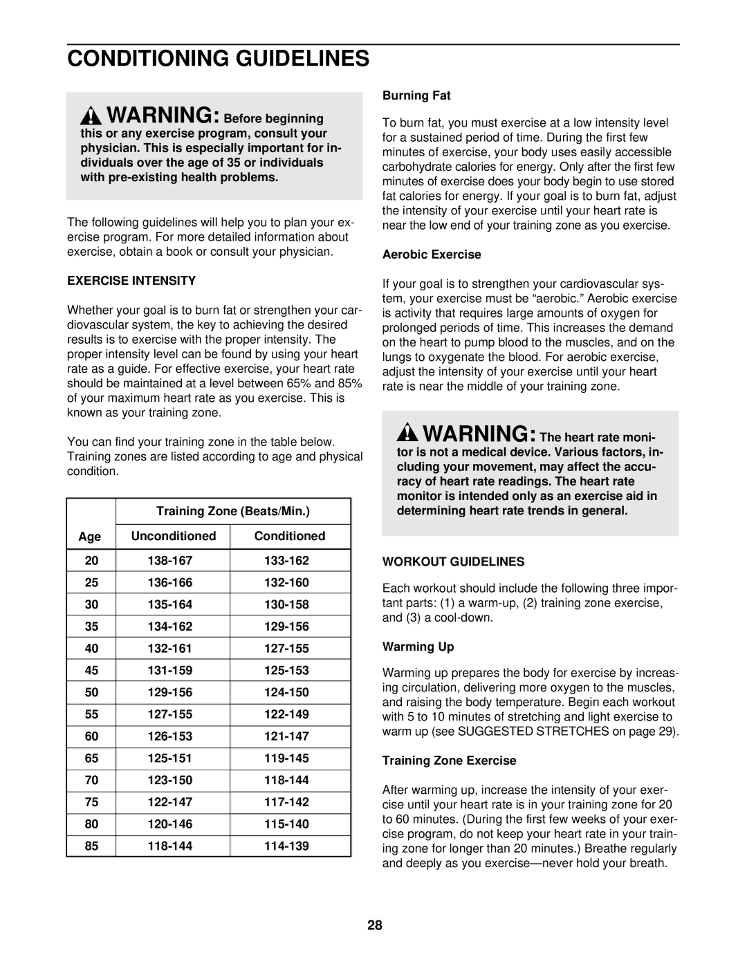 Image 10.8QL user manual Conditioning Guidelines, Exercise Intensity, Workout Guidelines 