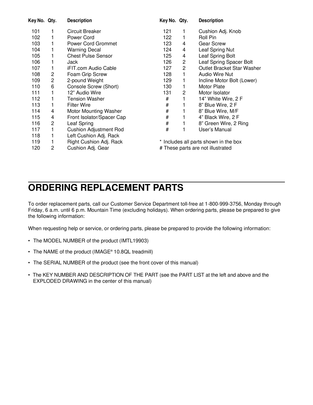 Image 10.8QL user manual Ordering Replacement Parts 