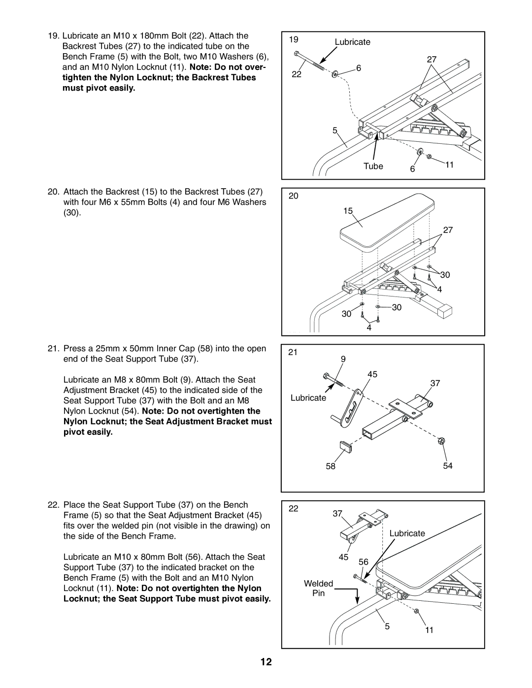 Image 3.8 Nylon Locknut the Seat Adjustment Bracket must pivot easily, Locknut the Seat Support Tube must pivot easily 