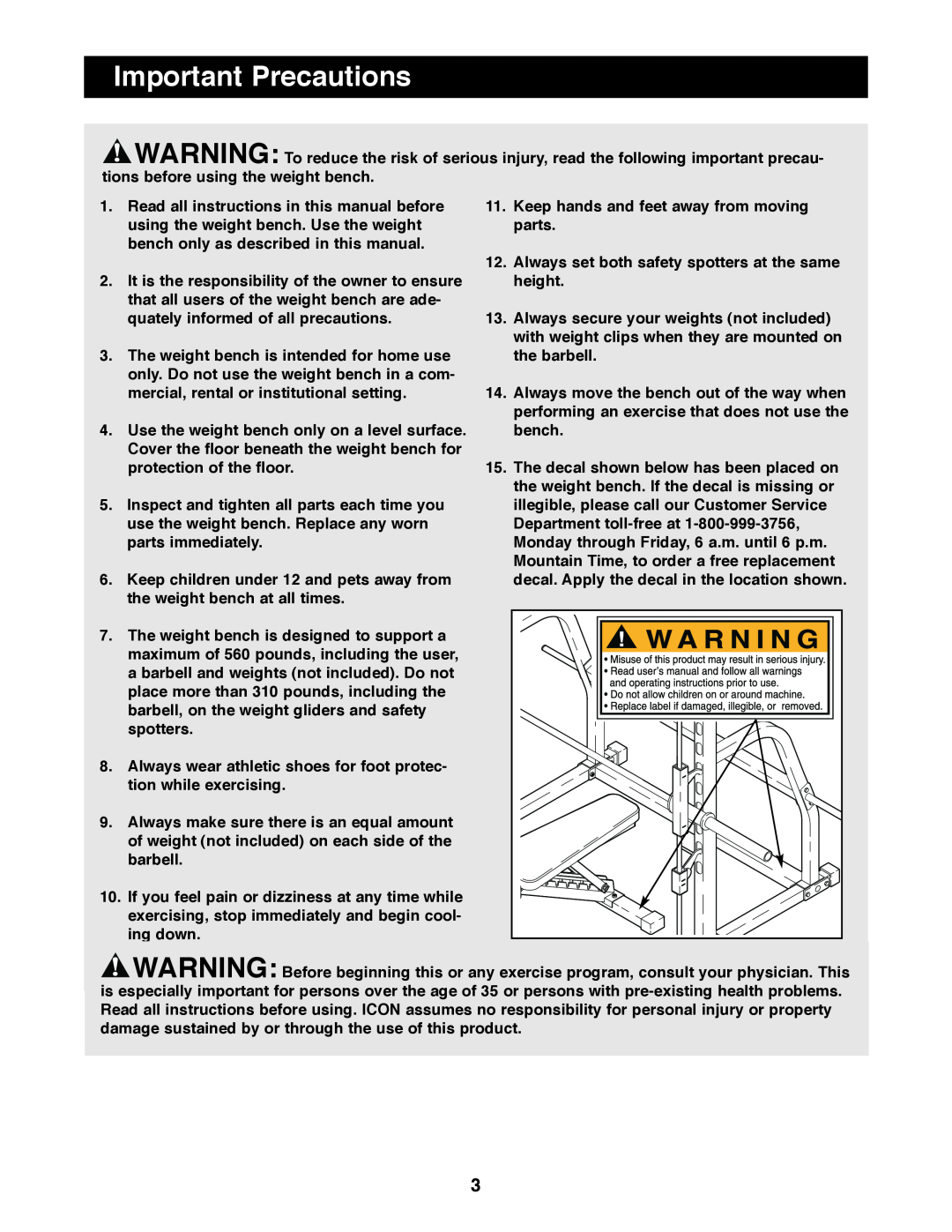 Image 3.8 user manual Important Precautions, Always wear athletic shoes for foot protec- tion while exercising 