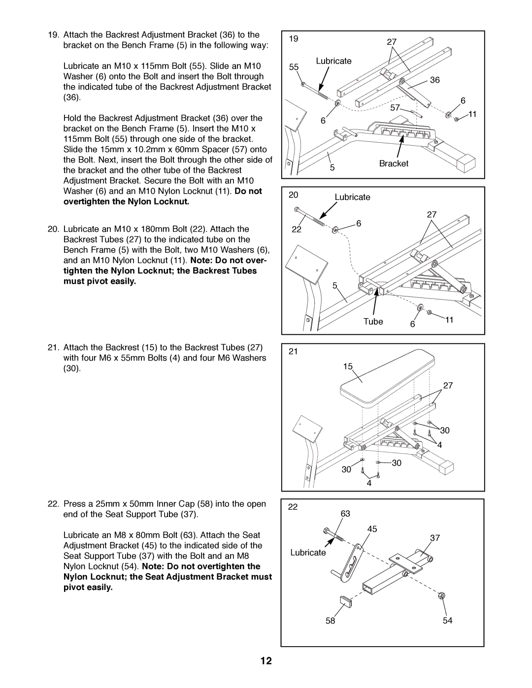 Image 4.8 manual Nylon Locknut the Seat Adjustment Bracket must pivot easily 