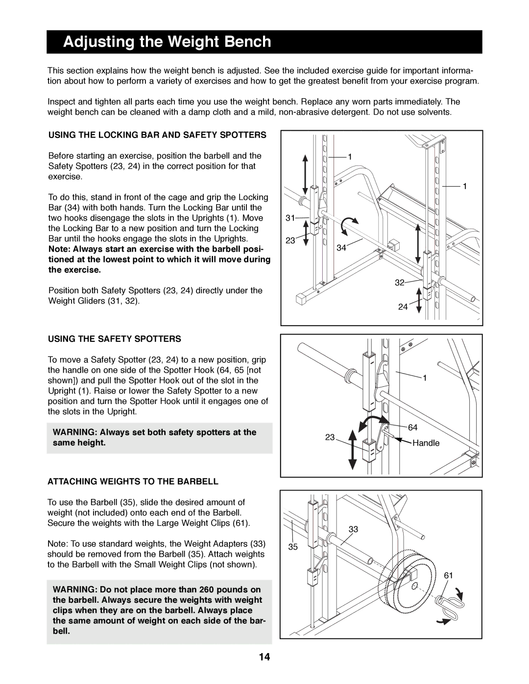 Image 4.8 manual Adjusting the Weight Bench, Using the Locking BAR and Safety Spotters 