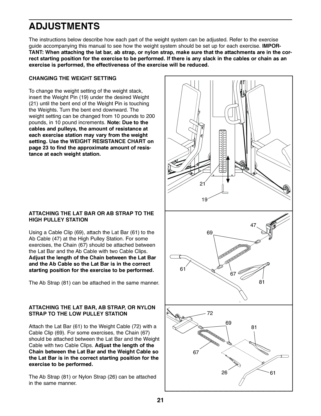 Image 8.0 user manual Adjustments, Changing the Weight Setting, Attaching the LAT BAR or AB Strap to High Pulley Station 