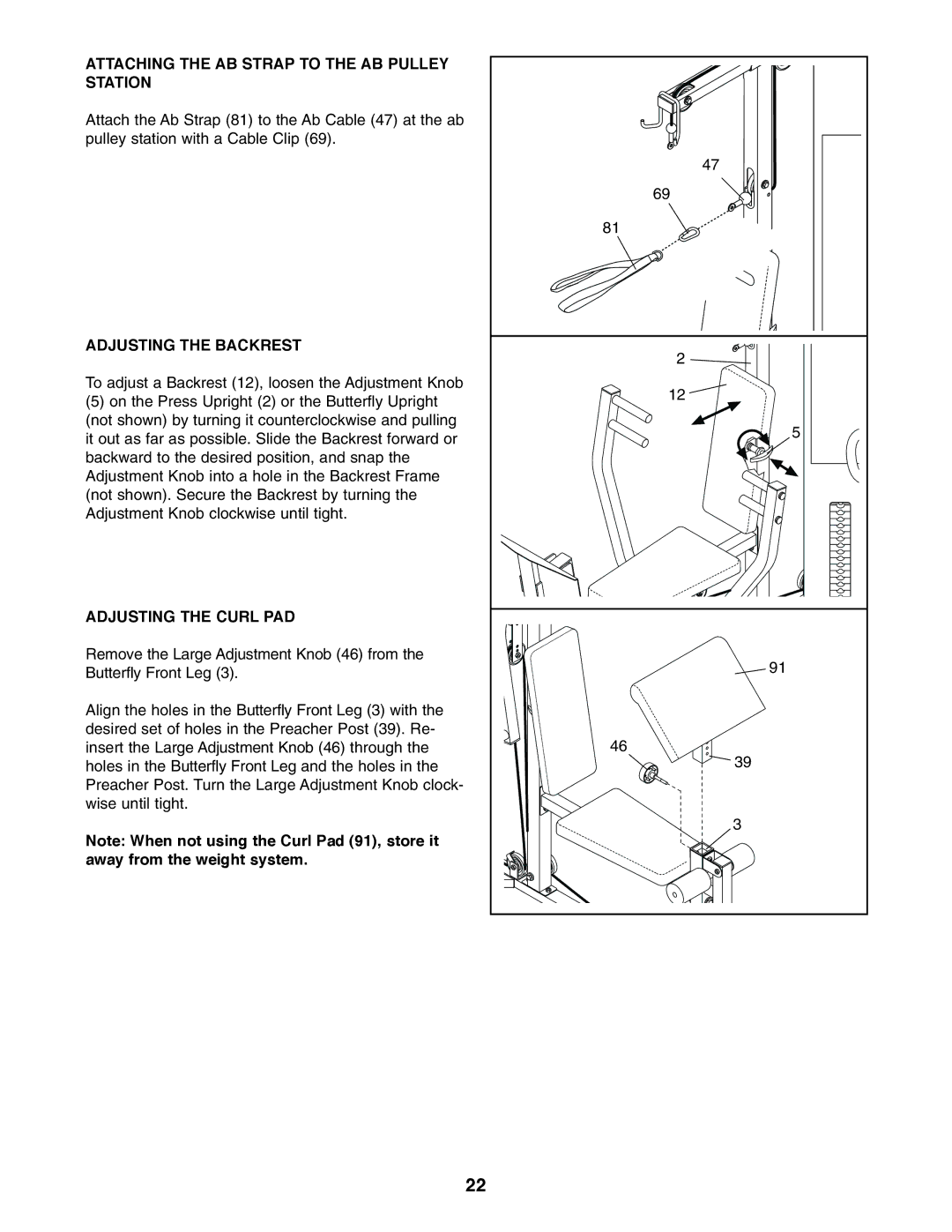 Image 8.0 user manual Attaching the AB Strap to the AB Pulley Station, Adjusting the Backrest, Adjusting the Curl PAD 