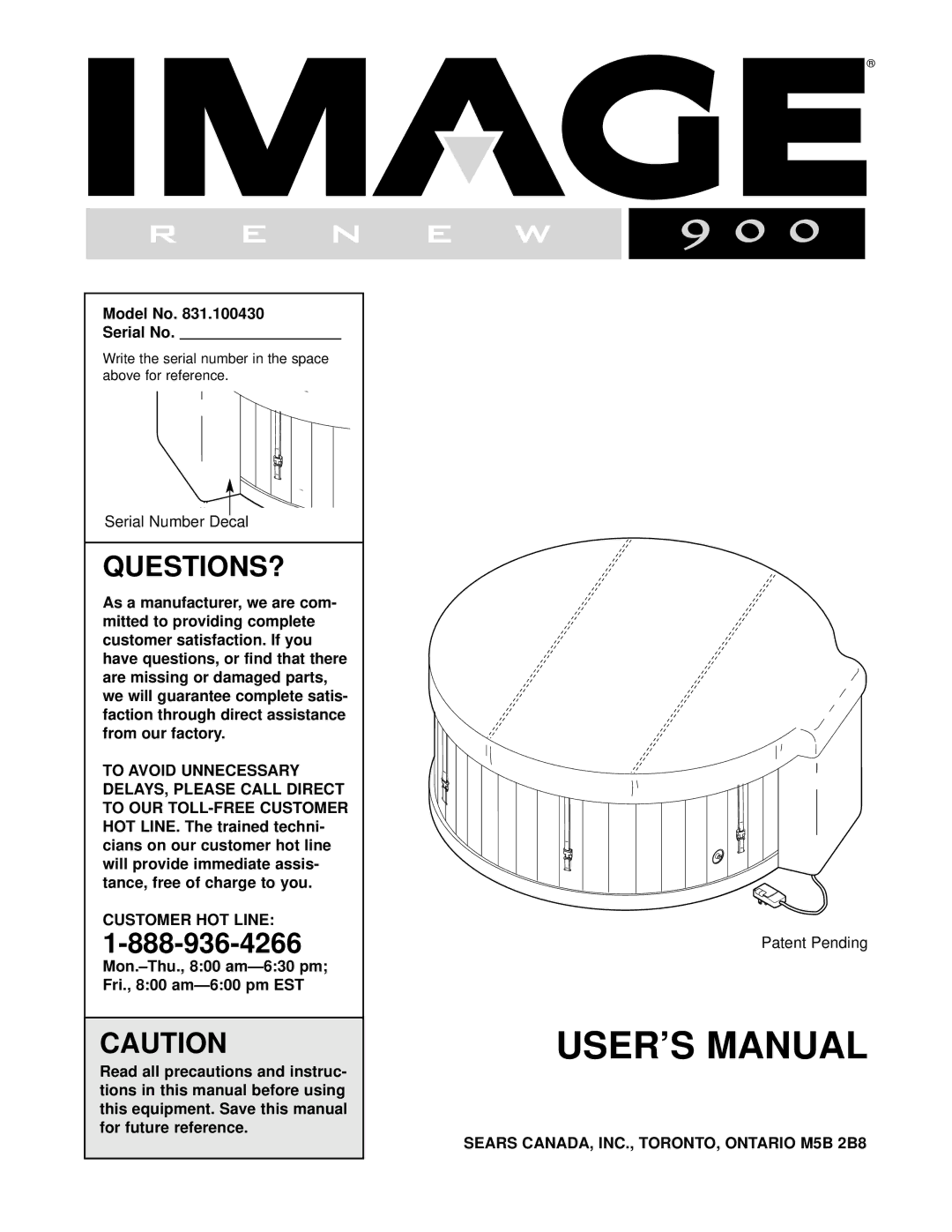 Image 831.100430 user manual Questions?, Model No Serial No, Customer HOT Line 