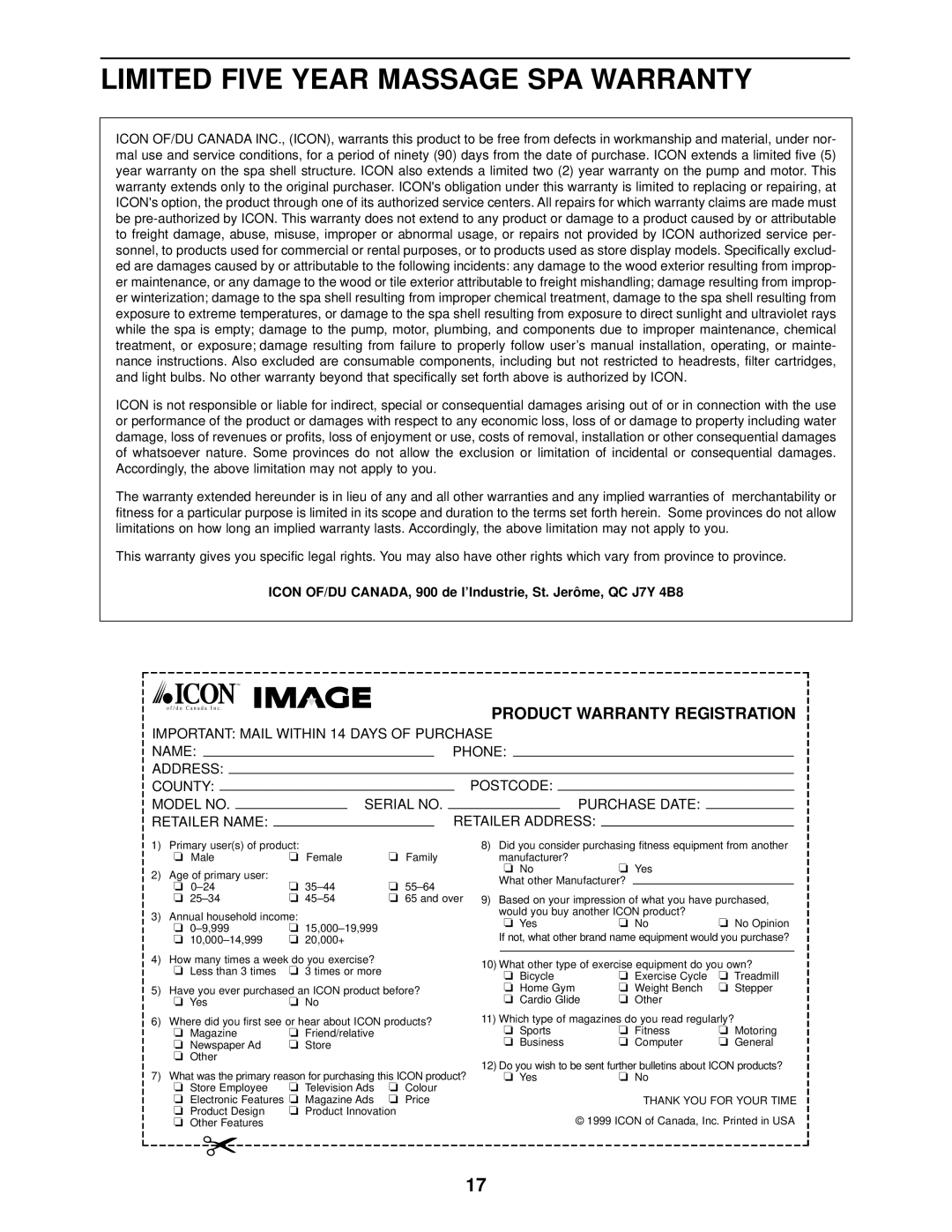 Image 831.100430 user manual Limited Five Year Massage SPA Warranty, Product Warranty Registration 