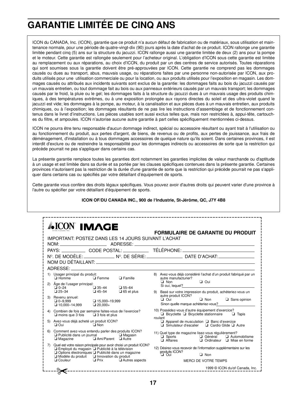 Image 831.100430 user manual Garantie Limitée DE Cinq ANS, Formulaire DE Garantie DU Produit 