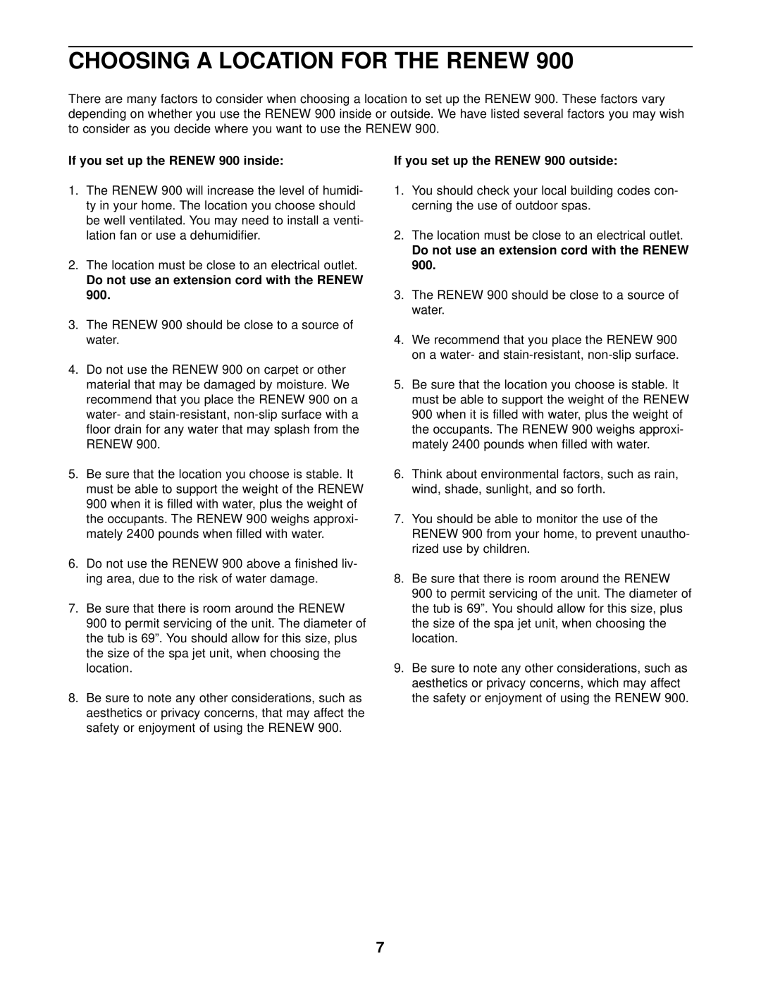 Image 831.100430 user manual Choosing a Location for the Renew, If you set up the Renew 900 inside 