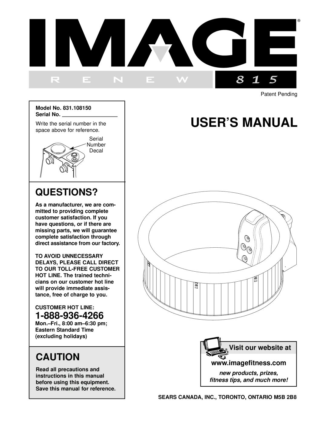 Image 831.10815 user manual Model No Serial No, Customer HOT Line, Excluding holidays 