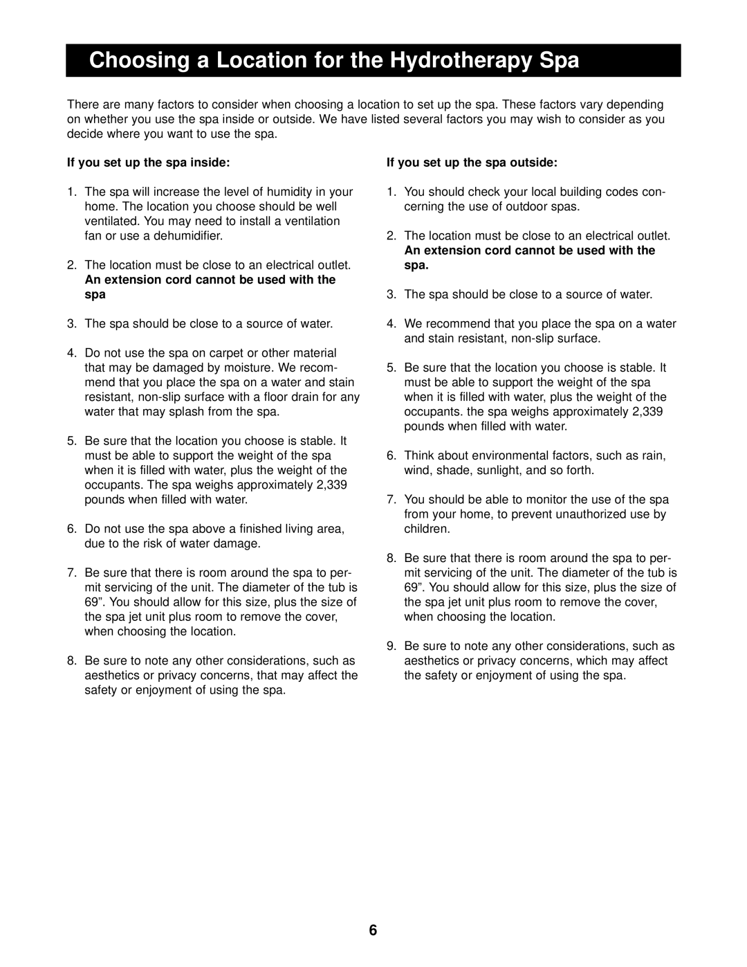Image 831.10815 Choosing a Location for the Hydrotherapy Spa, If you set up the spa inside, If you set up the spa outside 