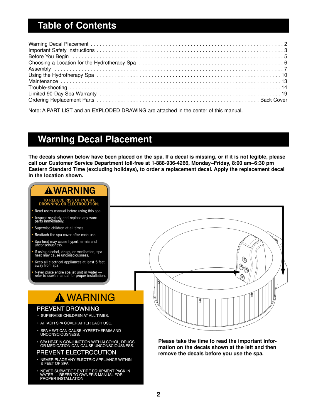 Image 831.10815 Table of Contents, Warning Decal Placement, in the location shown, Safety Instructions, Begin, Maintenance 