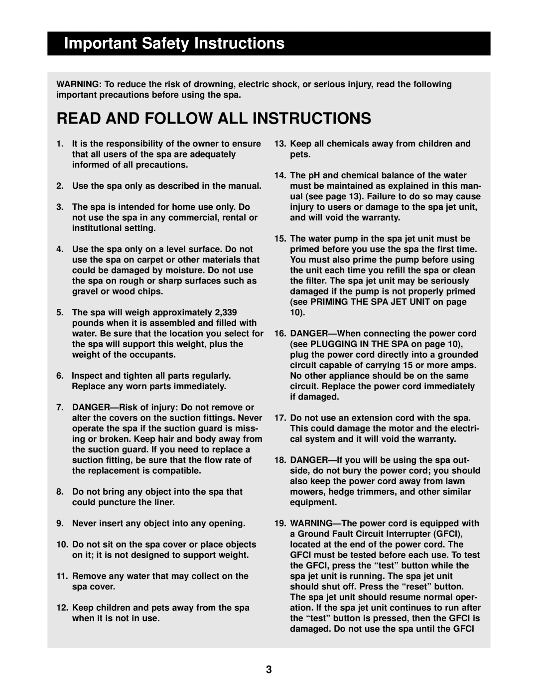 Image 831.10815 Important Safety Instructions, Read And Follow All Instructions, The spa is intended for home use only. Do 