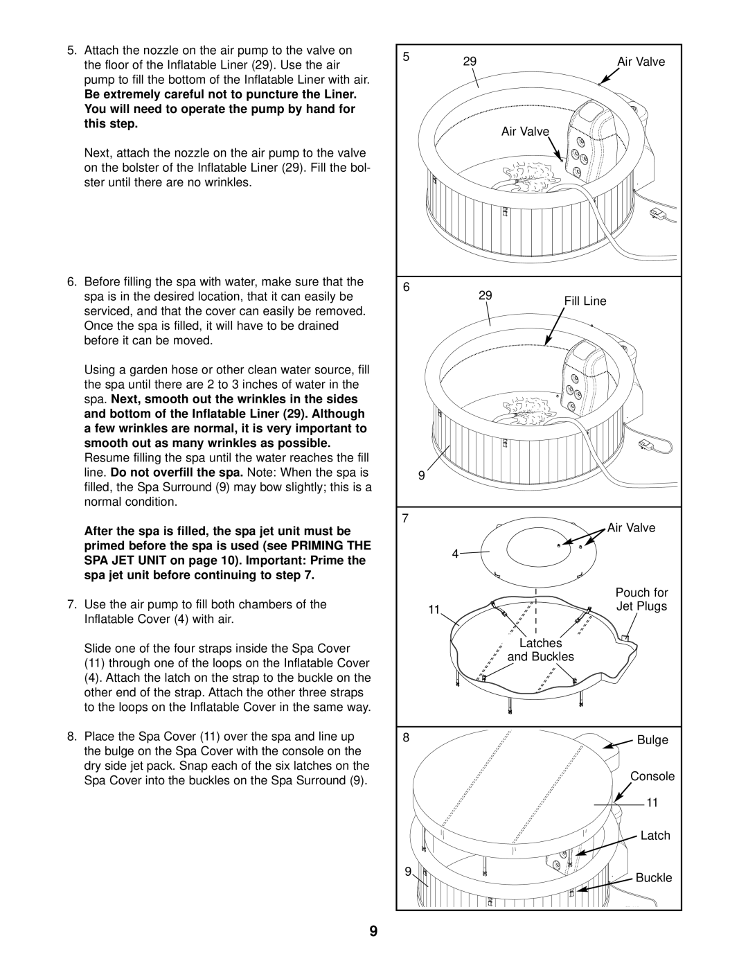 Image 831.10815 user manual line. Do not overfill the spa, Air Valve 
