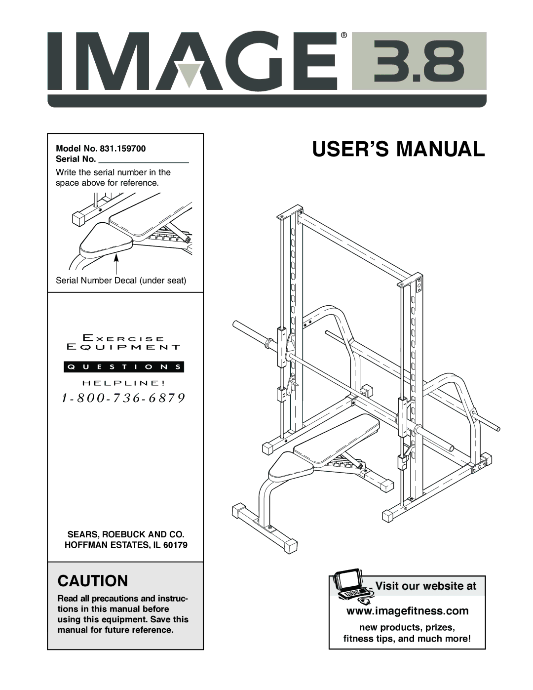 Image 831.159700 user manual Model No Serial No, SEARS, Roebuck and CO. Hoffman ESTATES, IL 