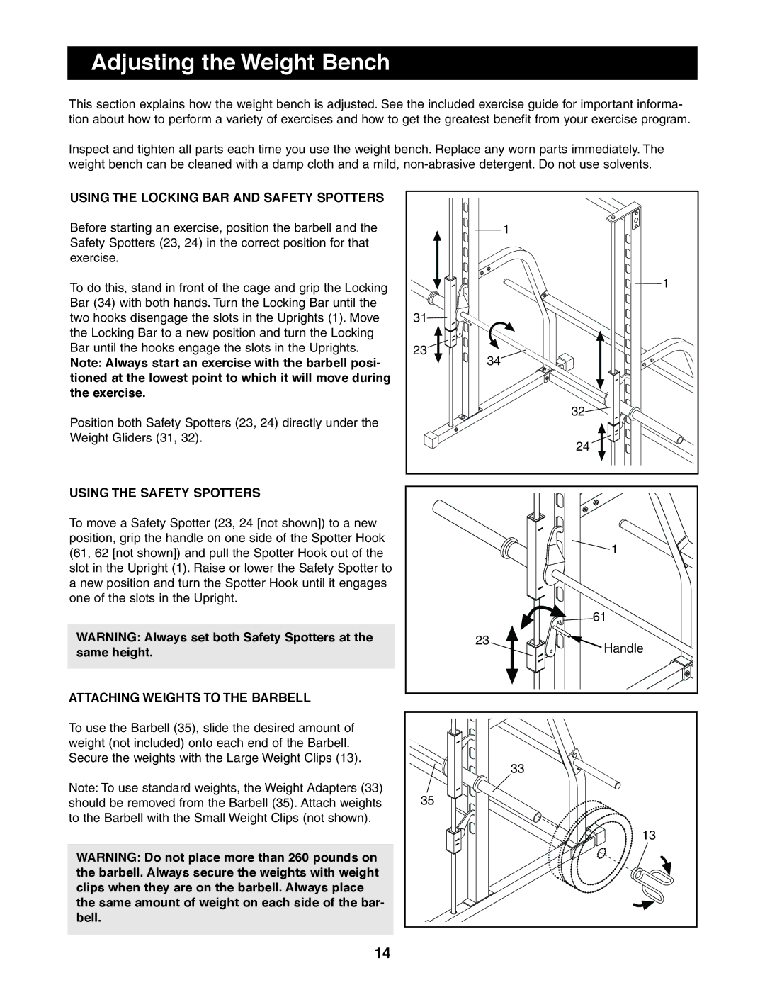 Image 831.159700 user manual Adjusting the Weight Bench, Using the Locking BAR and Safety Spotters 