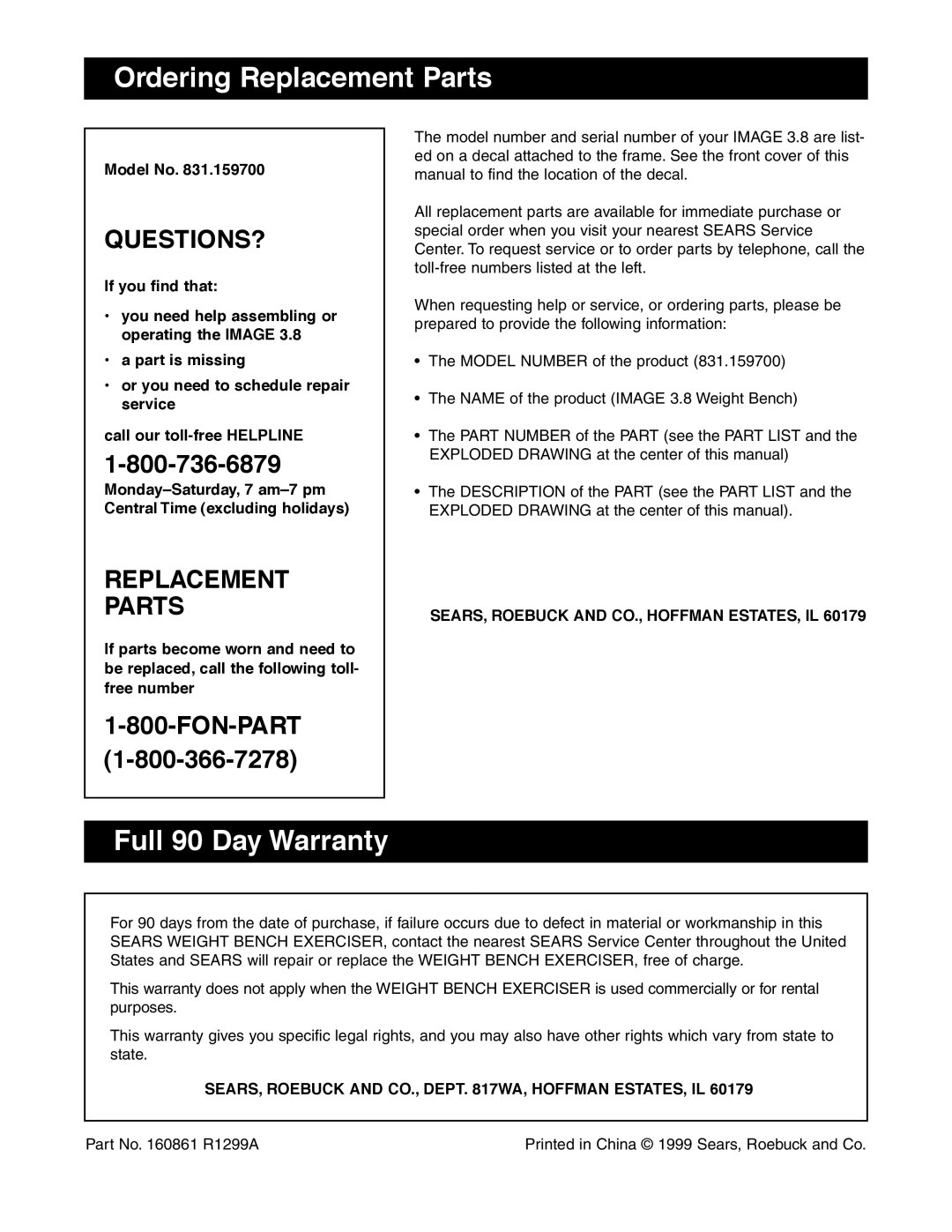 Image 831.159700 user manual Ordering Replacement Parts, Full 90 Day Warranty, Model No 