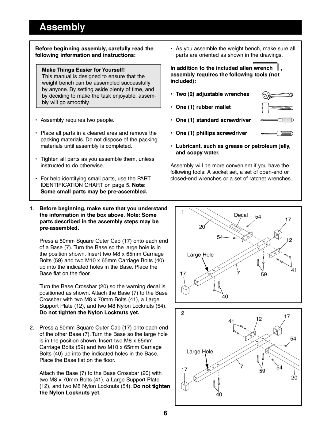 Image 831.159700 user manual Assembly, Some small parts may be pre-assembled, Do not tighten the Nylon Locknuts yet 