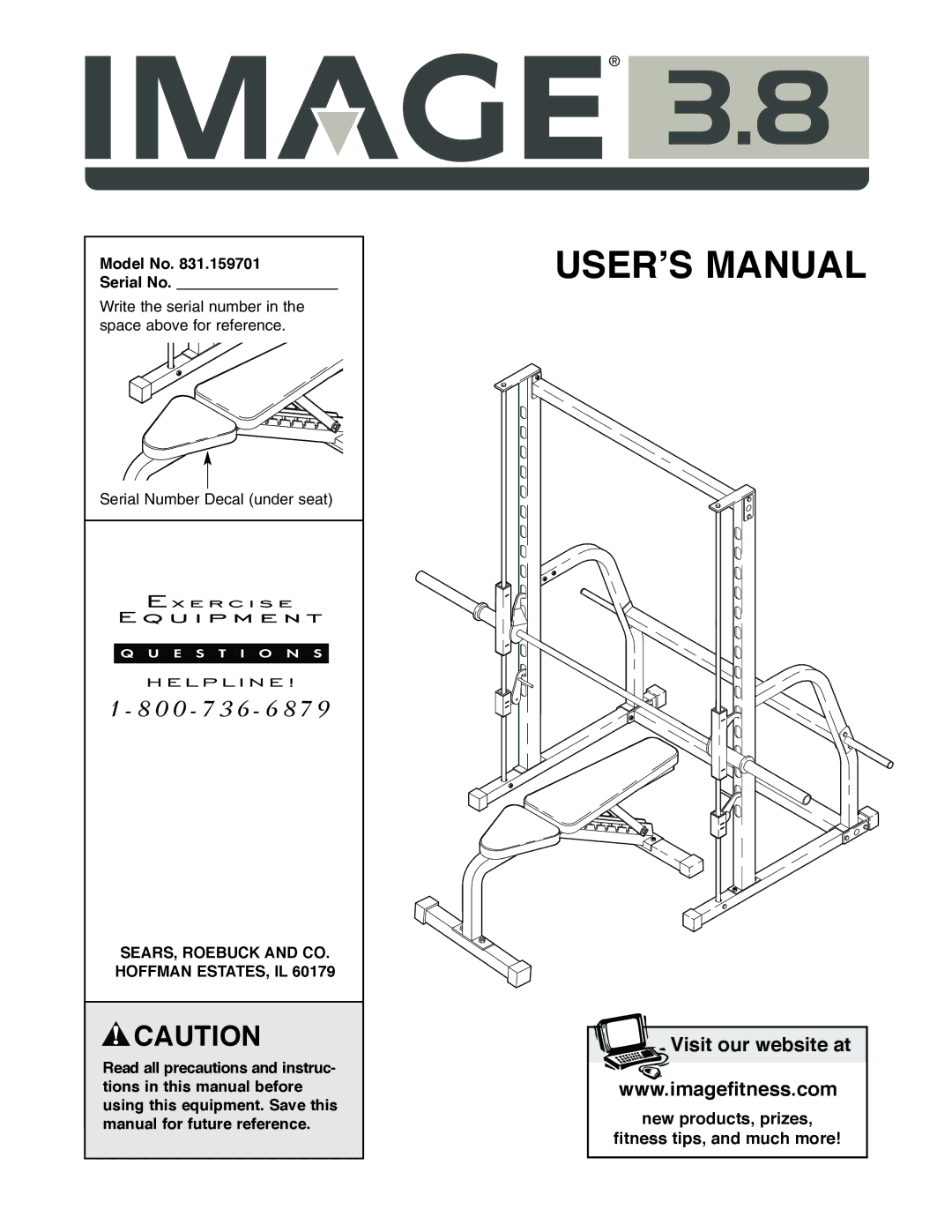 Image 831.159701 user manual Model No Serial No, SEARS, Roebuck and CO. Hoffman ESTATES, IL 