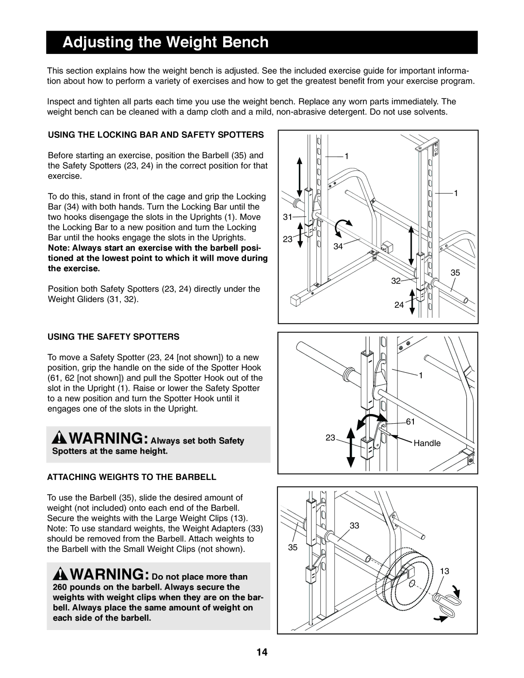 Image 831.159701 user manual Adjusting the Weight Bench, Using the Locking BAR and Safety Spotters 