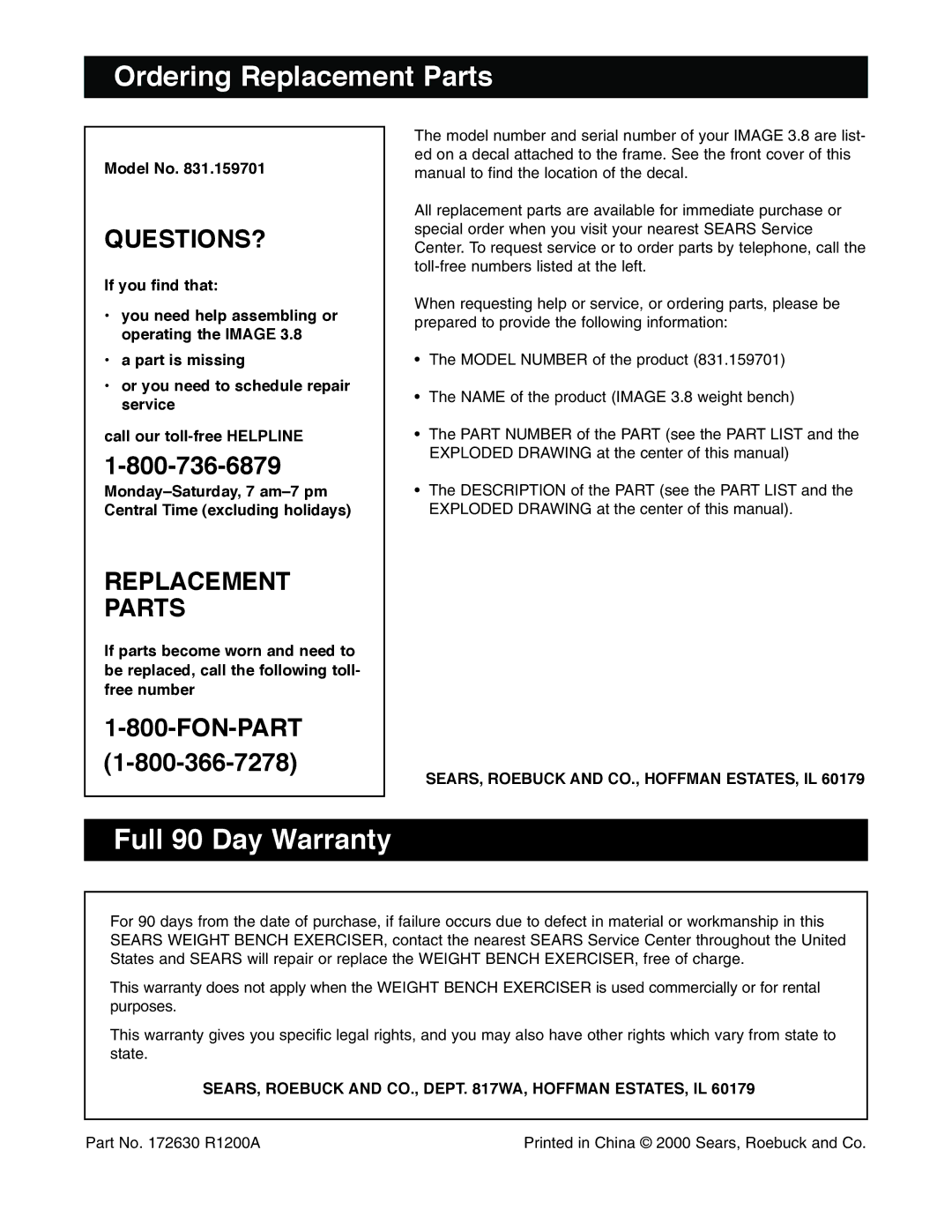 Image 831.159701 user manual Ordering Replacement Parts, Full 90 Day Warranty, Model No 